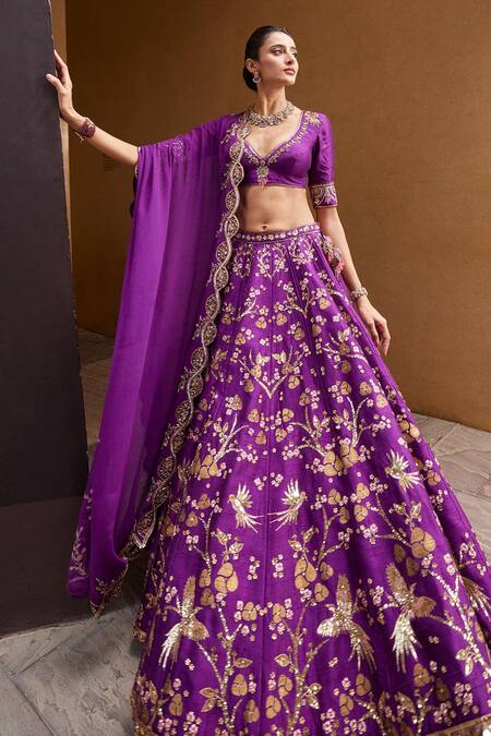 Prevasu_Purple Silk, Georgette Sequins, Beads, Imperial Fauna Embroidered Lehenga Set _Online_at_Aza_Fashions