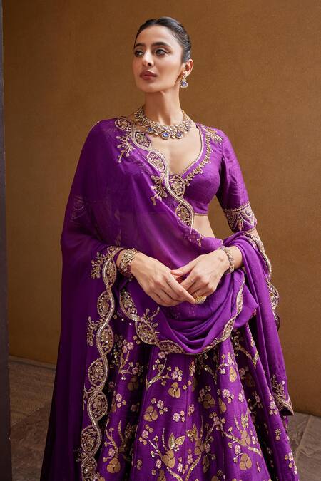 Buy_Prevasu_Purple Silk, Georgette Sequins, Beads, Imperial Fauna Embroidered Lehenga Set _Online_at_Aza_Fashions