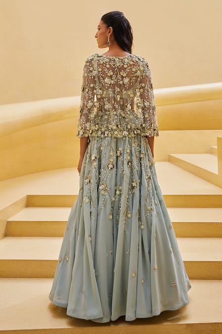 Prevasu Floral Embroidered Skirt Set With Cape 