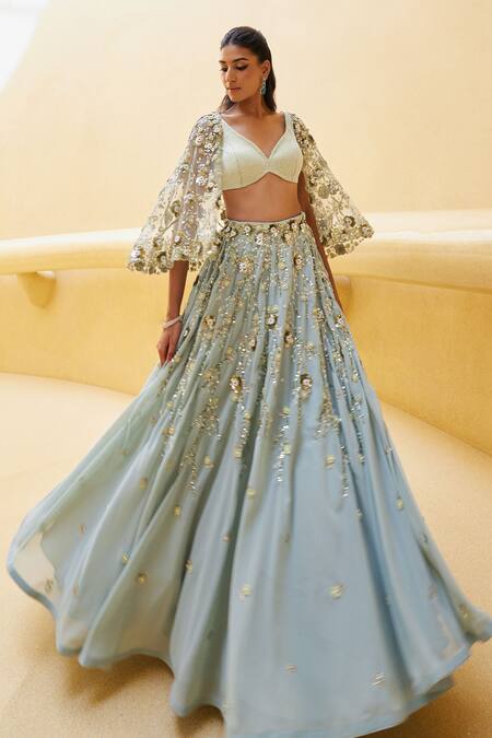 Buy_Prevasu_Green Georgette, Net Beads, Sequins, Zari Floral Embroidered Skirt Set With Cape _Online_at_Aza_Fashions