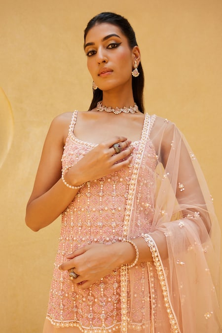 Buy_Prevasu_Pink Net, Organza Pearls, Sequins, Embroidered Kurta With Divided Skirt Set _Online_at_Aza_Fashions