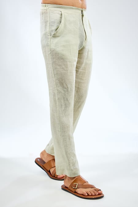 Rabani & Rakha_Green Linen, Cotton, Silk Embroidery Thread Work Kurta With Pant _Online_at_Aza_Fashions