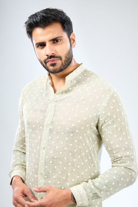 Buy_Rabani & Rakha_Green Linen, Cotton, Silk Embroidery Thread Work Kurta With Pant _Online_at_Aza_Fashions
