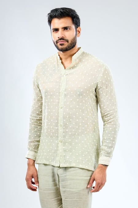 Buy_Rabani & Rakha_Green Linen, Cotton Embroidery Thread Work Shirt With Pant _Online_at_Aza_Fashions