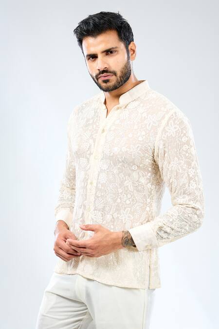 Rabani & Rakha Ivory Linen, Cotton, Silk Embroidery Floral Thread Work Shirt With Pant Online at Aza Fashions Rabani & Rakha_Ivory Linen, Cotton, Silk Embroidery Floral Thread Work Shirt With Pant _Online_at_Aza_Fashions