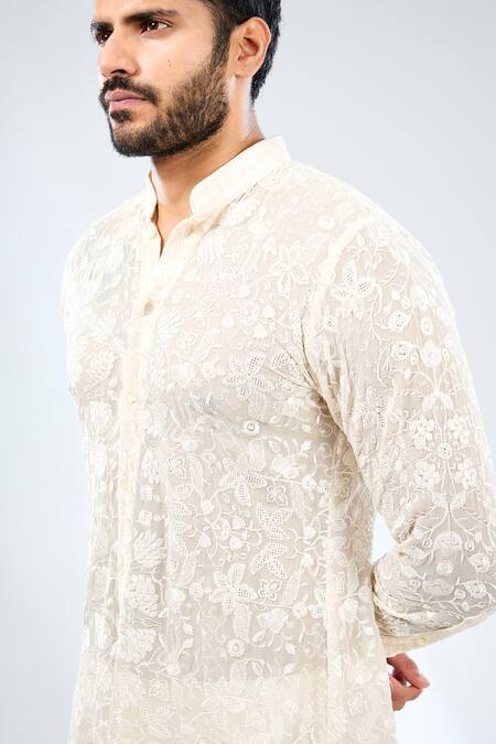 Buy Rabani & Rakha Ivory Linen, Cotton, Silk Embroidery Floral Thread Work Shirt With Pant Online at Aza Fashions Buy_Rabani & Rakha_Ivory Linen, Cotton, Silk Embroidery Floral Thread Work Shirt With Pant _Online_at_Aza_Fashions