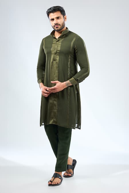 Rabani & Rakha Green Georgette, Cotton, Silk Sequins Embroidered Kurta With Pant