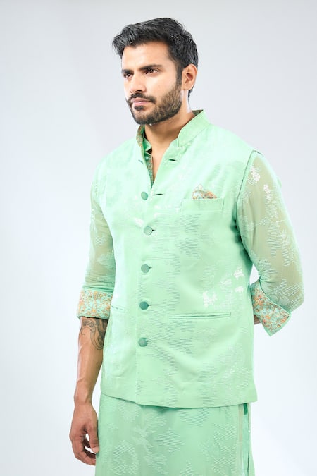 Rabani & Rakha Aqua Blue Sequin Embroidered Bundi 