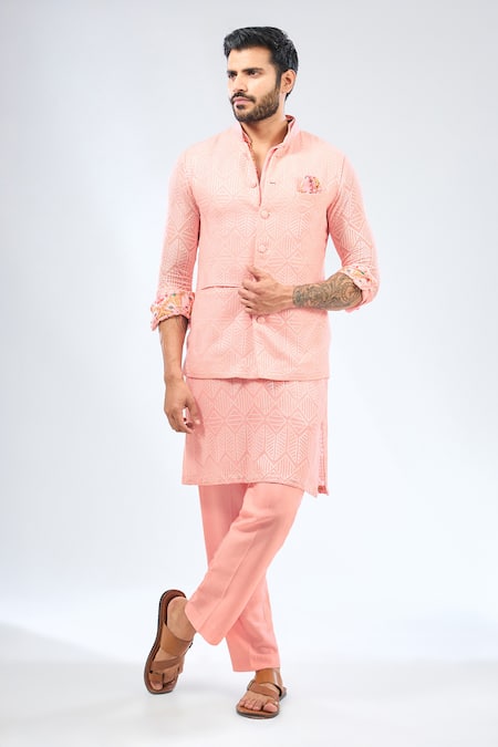 Rabani & Rakha Pink Georgette Embroidered Sequin Geometric Pattern Bundi With Kurta Set 