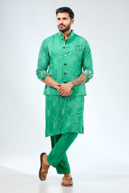 Rabani & Rakha Emerald Green Georgette Embroidered Thread Bundi With Kurta Set 