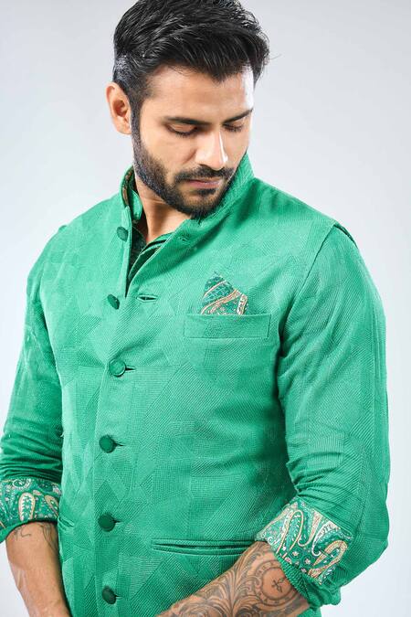 Rabani & Rakha_Emerald Green Georgette, Cotton, Silk Embroidery Bundi Kurta Set _Online_at_Aza_Fashions