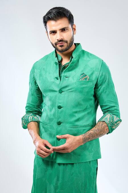 Buy_Rabani & Rakha_Emerald Green Georgette, Cotton, Silk Embroidery Bundi Kurta Set _Online_at_Aza_Fashions