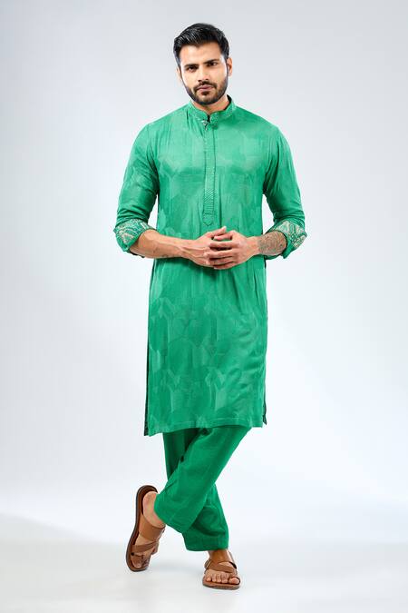 Shop_Rabani & Rakha_Emerald Green Georgette, Cotton, Silk Embroidery Bundi Kurta Set _Online_at_Aza_Fashions