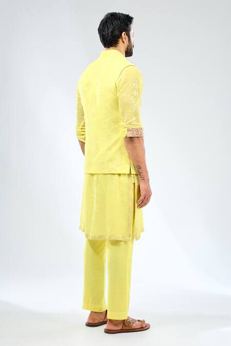 Shop Rabani & Rakha Yellow Georgette, Cotton, Silk Sequins Abstract Embroidered Bundi Set at Aza Fashions Shop_Rabani & Rakha_Yellow Georgette, Cotton, Silk Sequins Abstract Embroidered Bundi Set _at_Aza_Fashions
