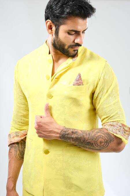 Rabani & Rakha Yellow Georgette, Cotton, Silk Sequins Abstract Embroidered Bundi Set Online at Aza Fashions Rabani & Rakha_Yellow Georgette, Cotton, Silk Sequins Abstract Embroidered Bundi Set _Online_at_Aza_Fashions