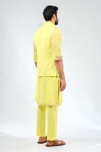 Rabani & Rakha Lemon Yellow Sequin Embroidered Bundi 