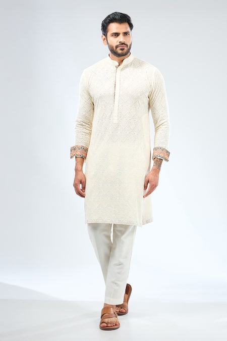 Rabani & Rakha Ivory Georgette Embroidered Thread Geometric Kurta With Pant 