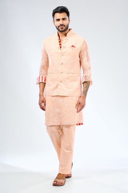 Rabani & Rakha Peach Georgette Embroidered Thread Fauna Bundi With Kurta Set 