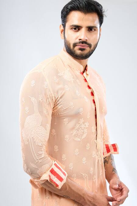 Shop_Rabani & Rakha_Peach Georgette, Cotton, Silk Embroidery Fauna Bundi And Kurta Set _Online_at_Aza_Fashions