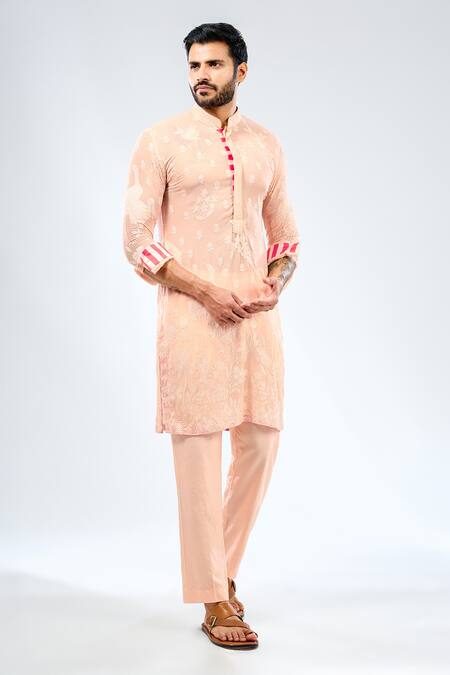 Rabani & Rakha_Peach Georgette, Cotton, Silk Embroidery Fauna Bundi And Kurta Set _at_Aza_Fashions