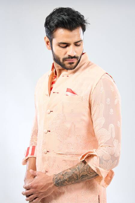 Buy_Rabani & Rakha_Peach Georgette Embroidery Fauna Bundi _Online_at_Aza_Fashions