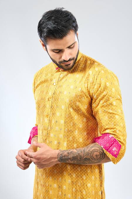 Rabani & Rakha_Yellow Georgette, Cotton, Silk Sequins, Zari Bandhani Print Kurta With Pant _Online_at_Aza_Fashions