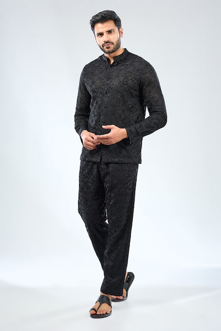 Rabani & Rakha Black Georgette Embroidered Thread Floral Work Shirt With Pyjama 