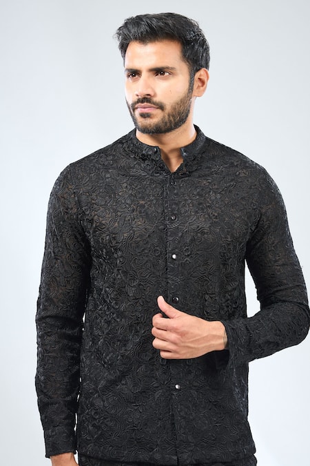 Buy_Rabani & Rakha_Black Georgette Embroidery Floral Thread Work Shirt With Pyjama _Online_at_Aza_Fashions