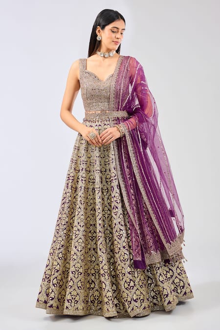 Rabani & Rakha Purple Georgette Embroidered Mirror Sweetheart Naida Lehenga Set 