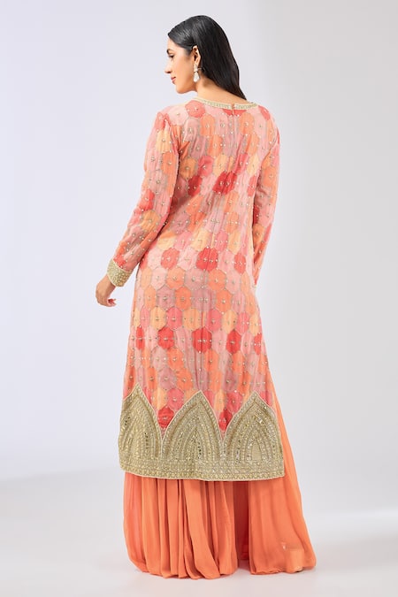 Shop Rabani & Rakha Orange Organza, Georgette Embroidery, Mirrors, Sequins Ayat Kurta Palazzo Set at Aza Fashions Shop_Rabani & Rakha_Orange Organza, Georgette Embroidery, Mirrors, Sequins Ayat Kurta Palazzo Set _at_Aza_Fashions