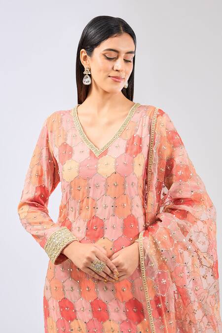 Rabani & Rakha Orange Organza, Georgette Embroidery, Mirrors, Sequins Ayat Kurta Palazzo Set Online at Aza Fashions Rabani & Rakha_Orange Organza, Georgette Embroidery, Mirrors, Sequins Ayat Kurta Palazzo Set _Online_at_Aza_Fashions