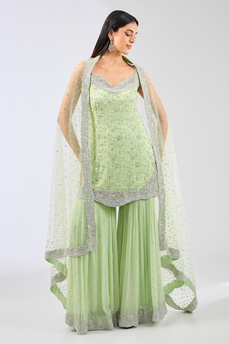 Rabani & Rakha Green Georgette Embroidered Sequin V-neck Ayat Kurta Gharara Set 