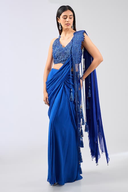 Rabani & Rakha Blue Chiffon Embroidered Lace Work V-neck Sairra Pre-draped Saree With Blouse 