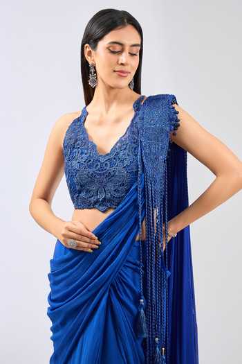 Rabani & Rakha_Blue Chiffon, Georgette Lace, Sequins Sairra Work Pre-draped Saree With Blouse _Online_at_Aza_Fashions