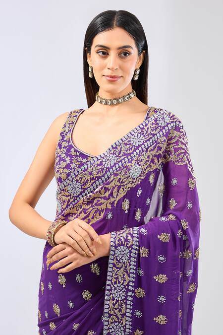 Rabani & Rakha_Purple Georgette Sequins Round Neck Nabai Embroidered Saree Set _Online_at_Aza_Fashions