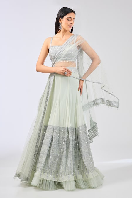 Rabani & Rakha Green Georgette Embroidered Sequin Square Naida Lehenga Set 