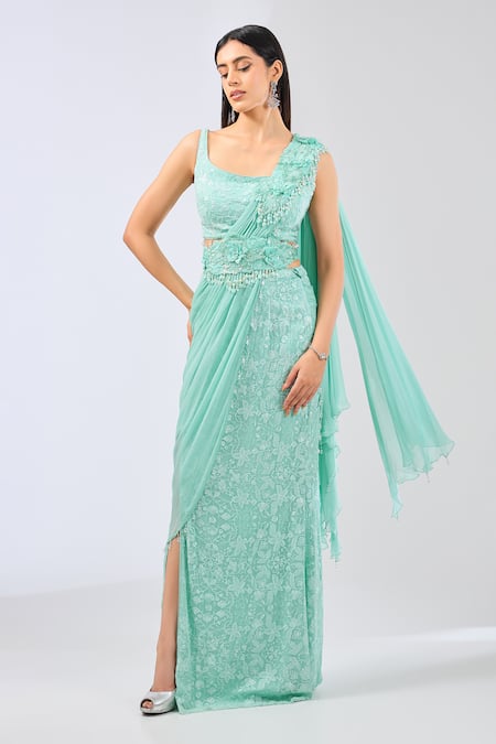 Rabani & Rakha Blue Georgette Embroidered Sequin Rounded Sairra Pre-draped Floral Saree Set 