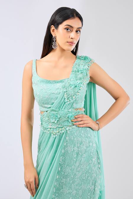 Rabani & Rakha_Blue Chiffon, Georgette Pearls, Sequins, Sairra Pre-draped Floral Saree Set _Online_at_Aza_Fashions