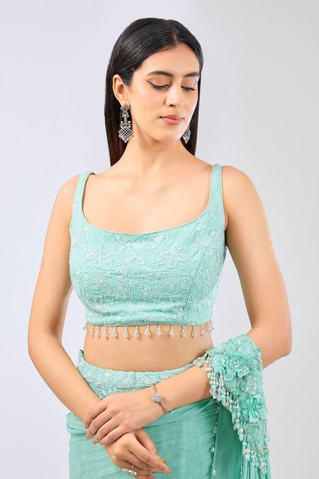 Buy_Rabani & Rakha_Blue Chiffon, Georgette Pearls, Sequins, Sairra Pre-draped Floral Saree Set _Online_at_Aza_Fashions