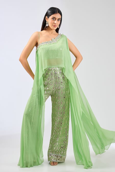 Rabani & Rakha Green Georgette Embroidered Mirror One-shoulder Rhea Cape With Pant 