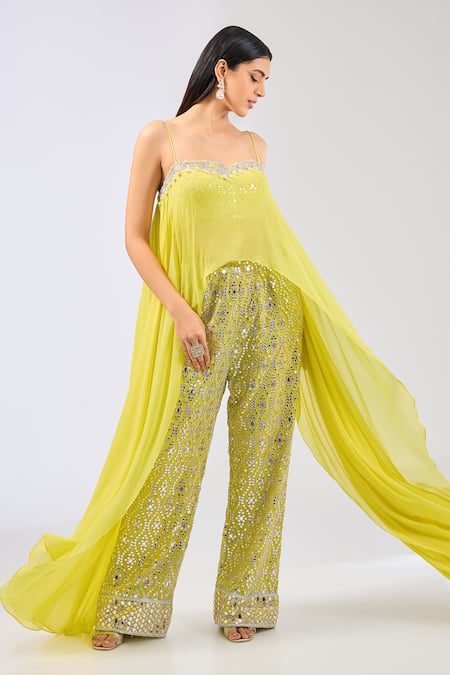 Rabani & Rakha Yellow Georgette Embroidered Mirror Square Rhea Cape With Pant 