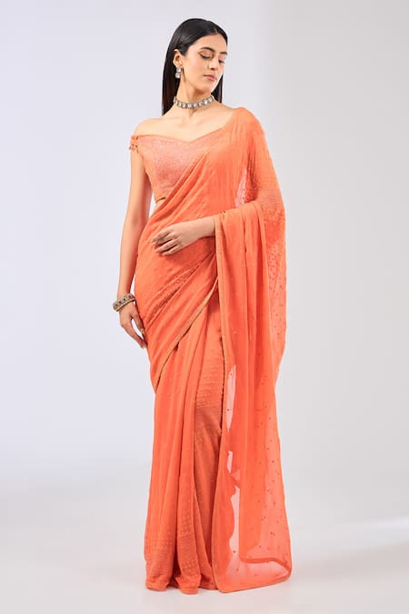 Rabani & Rakha Orange Georgette Embroidered Beads Off-shoulder Nabai Saree With Blouse 