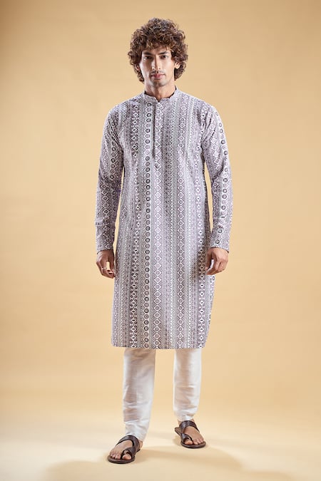 Arihant Rai Sinha_Purple Silk, Rayon Embroidery Chikankari Kurta With Churidar _Online_at_Aza_Fashions