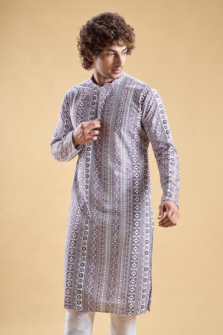 Arihant Rai Sinha_Purple Silk, Rayon Embroidery Chikankari Kurta With Churidar _at_Aza_Fashions