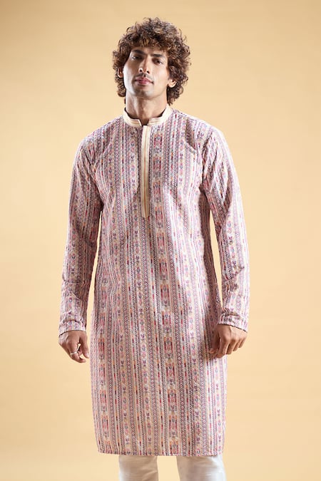 Arihant Rai Sinha Multi Color Silk, Rayon Embroidery Printed Chikankari Kurta With Churidar at Aza Fashions Arihant Rai Sinha_Multi Color Silk, Rayon Embroidery Printed Chikankari Kurta With Churidar_at_Aza_Fashions