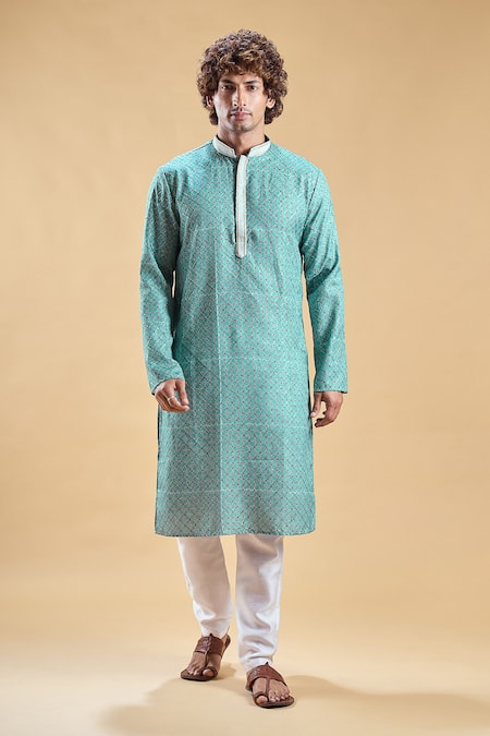 Arihant Rai Sinha_Blue Jacquard, Silk, Cotton Embroidery Geometric Print Kurta With Solid Churidar_Online_at_Aza_Fashions