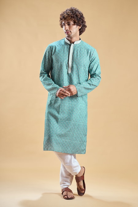 Buy_Arihant Rai Sinha_Blue Jacquard, Silk, Cotton Embroidery Geometric Print Kurta With Solid Churidar_Online_at_Aza_Fashions