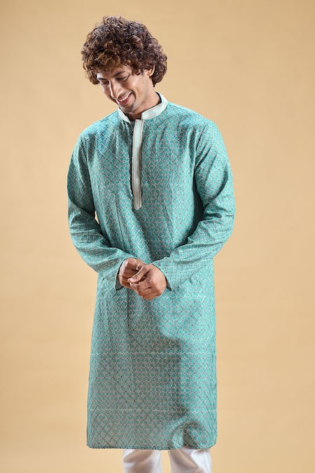 Shop_Arihant Rai Sinha_Blue Jacquard, Silk, Cotton Embroidery Geometric Print Kurta With Solid Churidar_Online_at_Aza_Fashions