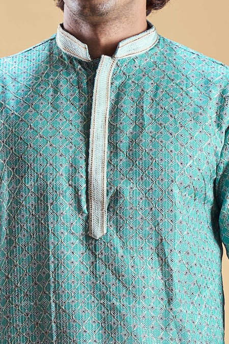 Arihant Rai Sinha_Blue Jacquard, Silk, Cotton Embroidery Geometric Print Kurta With Solid Churidar_at_Aza_Fashions