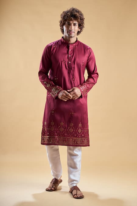 Arihant Rai Sinha Maroon , Satin Embroidery Start Straight Kurta With Churidar